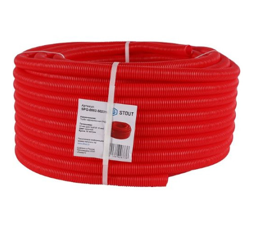 Труба гофрированная защитная STOUT ПНД, цвет красный, наружным диаметром 32 мм для труб диаметром 25 мм