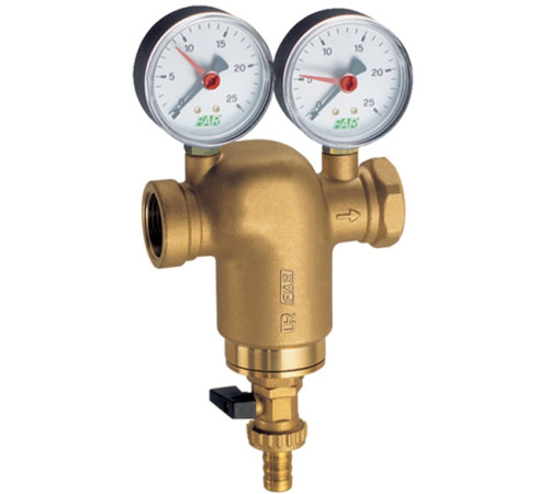 Фильтр самопромывной FAR 3/4" 300 мкм внутренняя - внуренняя резьба с двумя манометрами, корпус ланунь CR.