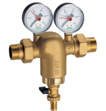 Фильтр самопромывной FAR 1" 300 мкм американка - американка с двумя манометрами, корпус ланунь CR.