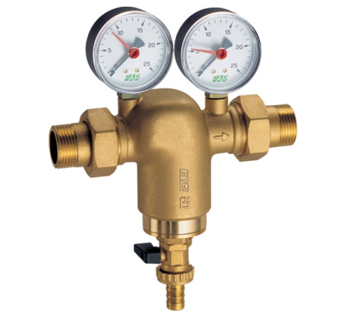 Фильтр самопромывной FAR 1 1/2" 300 мкм американка - американка с двумя манометрами, корпус ланунь CR.