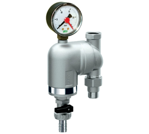 Фильтр самопромывной FAR 1/2" 100 мкм американка - внутренняя резьба с поворотным соединением и одним манометром.